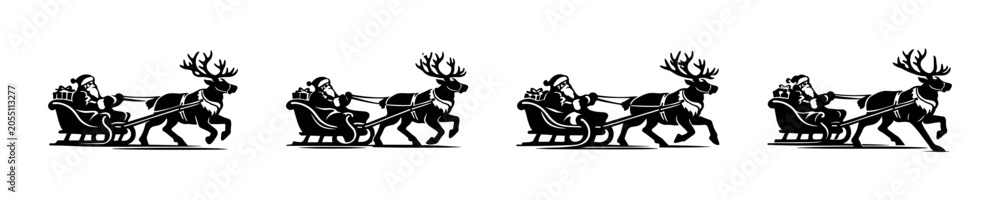 Fototapeta premium Santa Claus and reindeer silhouette in sleigh with gifts, festive holiday journey