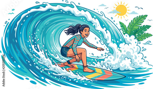 Fotografie Happy young woman surfing inside huge barrel wave on sunny tropical beach dynami