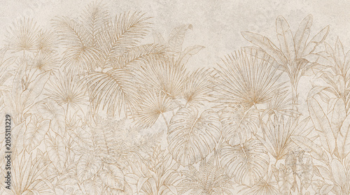 Fotografie Vintage tropical leaf wallpaper mural, hand drawn botanical line art on beige pa