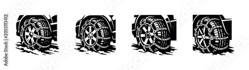 Foto Car tire with snow chains for improved traction on icy roads