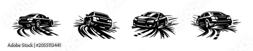 Foto Four stylized black cars performing drifts on a white background