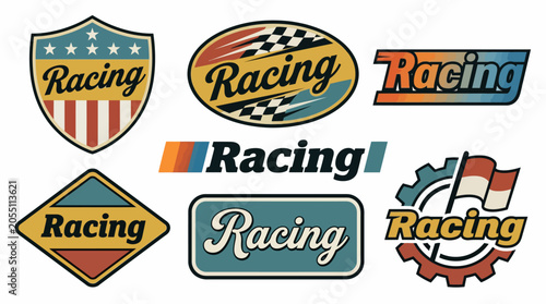 A collection of vintage style racing logo emblems featuring checkered flags and retro typography designs