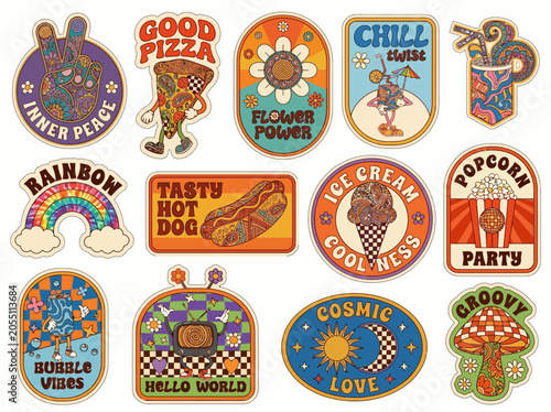 Vibrant retro sticker collection featuring colorful paisley patterns, groovy typography, and fun nostalgic food illustrations