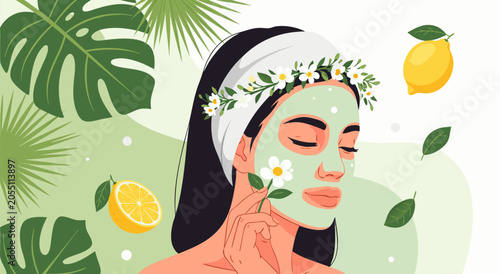 Woman with Facial Mask Vector Illustration featuring Natural Organic Skincare Beauty Routine and Refreshing Lemon Botanical Elements for Spa Wellness Concept