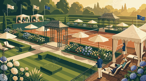 Elegant outdoor tennis club with luxurious gazebos, manicured gardens, and people relaxing under umbrellas on a sunny day.
