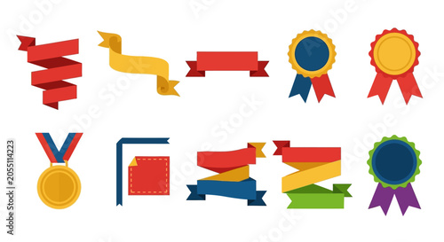 Konstfotografi A collection of colorful ribbons and badges on a white background