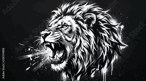Obraz na płótnie Aggressive lion head roaring in black and white graffiti street art style