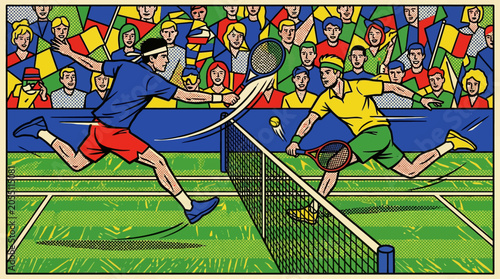 Two male tennis players in action on a green court during a match, with a cheering crowd in the background, depicted in a vibrant, retro comic style.
