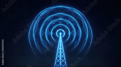 blue radio tower emitting signals in a digital abstract background