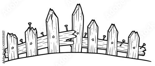 Tableau sur toile Broken picket fence on curved ground in hand drawn comic style