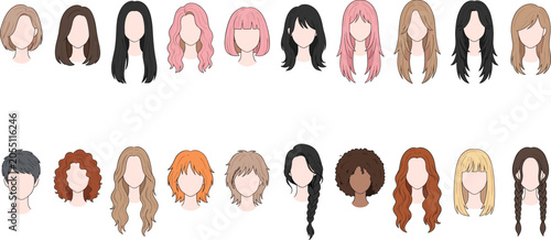 Female and male hairstyle collection with diverse haircuts and colorful hair fashion avatar illustrations