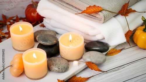 Zen-Inspired Autumn Spa Setting Warm-Toned Candles Smooth River Stones