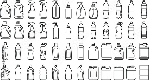 Fotografie Plastic bottles and canisters set, chemical detergent containers, spray and sham