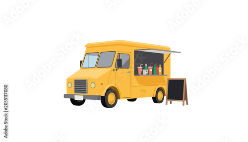 Yellow Food Truck Serving Beverages and Snacks, Isolated Vector Illustration for Restaurant Menu or Cafe Concept