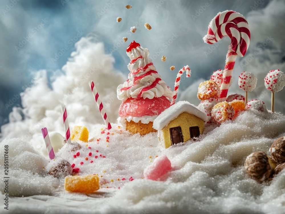 Naklejka premium Sweet fantasy scene, Dessert miniature with colorful toppings, Whimsical edible landscape with candies and frosting, Vivid macro food art showcasing candy and sugary details
