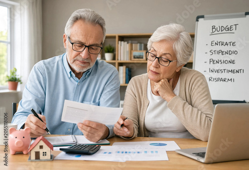 Senior couple reviewing financial documents and planning budget together at home