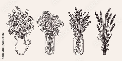фотографія Floral Arrangements In Vases Hand drawn Sketch Illustration