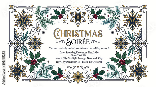 Elegant christmas soirée invitation with snowflakes and holly