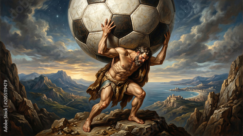 Conceptual classical fine art oil painting portrayal of an ancient mythical titan Atlas sculpting