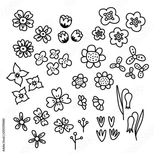 Collection of cute flower doodles and botanical line art elements isolated on a white background. Hand-drawn floral outline set with daisies, tulips, and leaves in minimalist scandinavian style