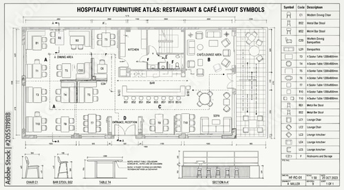 Slika na platnu Hospitality furniture atlas and restaurant cafe layout floor plan with symbols