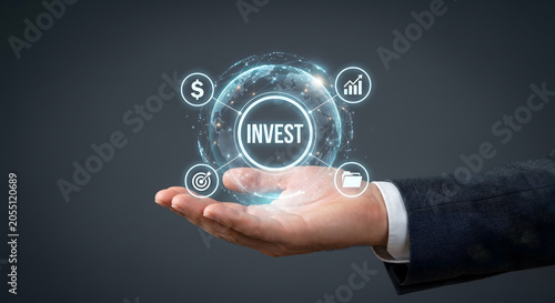 Invest concept businessman hand with global network digital interface dollar and graph icons.