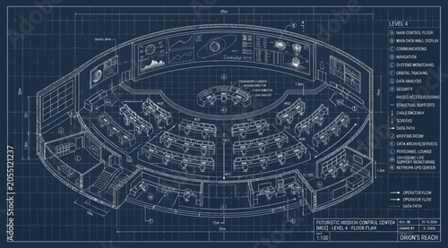 Vászonkép Futuristic mission control center technical blueprint schematic
