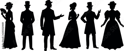 Victorian Era Men and Women Historical Fashion Character Silhouettes Collection Vector Illustration Isolated on Transparent Background.