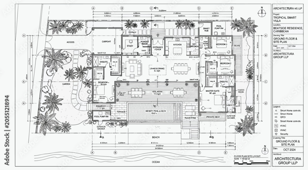 Fototapeta premium Architectural floor plan of a luxury beach villa with swimming pool and landscaped garden