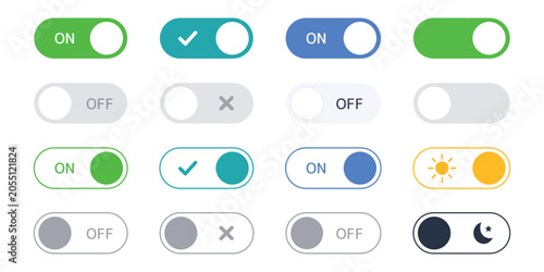 On Off Toggle Switch Buttons Vector Illustration Set – Modern UI Interface Controls with Status, Checkmark, Dark Mode and App Settings Icons