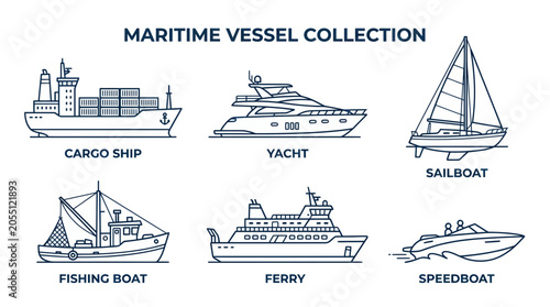 Schilderij op canvas Maritime vessel icons featuring cargo ship yacht ferry and sailboat