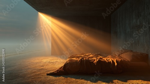 Intense golden light streams into a stark room revealing an unmade bed near a misty horizon