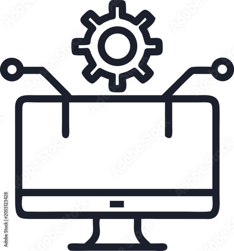 Computer monitor connected to gear configuration software engineering line icon