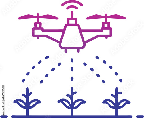 Agricultural drone spraying pesticide and water on crops smart farming vector line icon
