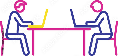 Dual laptops on creative office desk table flat vector line icon