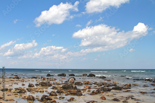 Fotografie Rock strewn tide pools and gentle Atlantic surf define the shoreline at Rexhame Beach