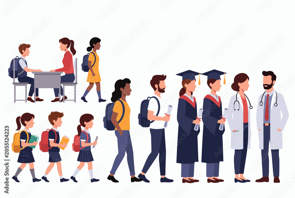 Obraz premium Illustration showing different stages of life and career from a student sitting at a desk to a professional medical doctor.