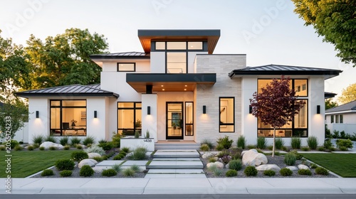 Luxury modern family home exterior for real estate marketing. Contemporary white house with landscaped front yard, premium curb appeal and architectural property showcase
