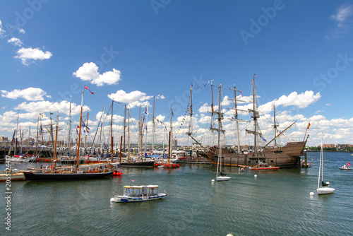 Historic tall ships and sailing vessels gather in Boston Harbor under a bright summer sky, celebrating maritime heritage along the waterfront.
