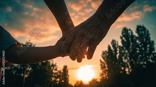 Senior and child hands holding outdoors at sunset for intergenerational support and family care in life insurance or retirement advertising.