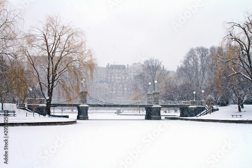 Historic suspension bridge spanning a frozen lagoon during a winter snowstorm in Boston Public Garden, framed by bare trees and a soft urban skyline.