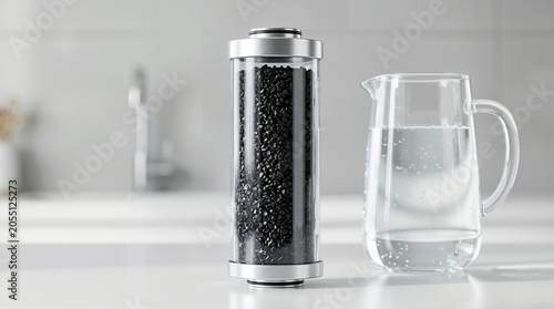 Upright activated carbon water filter cartridge and a glass pitcher of fresh water on a white kitchen counter. Clear cylinder filled with black charcoal granules. Home water purification