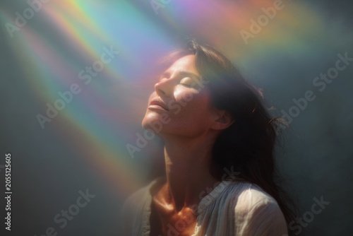 Woman inhaling soft rainbow light with peaceful expression for breathwork wellness poster and meditation background