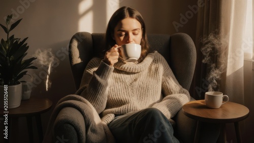 Woman Enjoying a Warm Cup of Coffee in a Cozy Armchair.