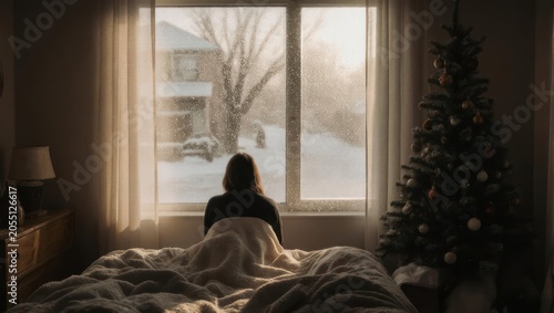 Woman gazing out window at winter scene with Christmas tree.