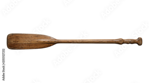 Wooden boat paddle with a long handle and flat blade isolated on a white background, for water sports, and recreational boating activities