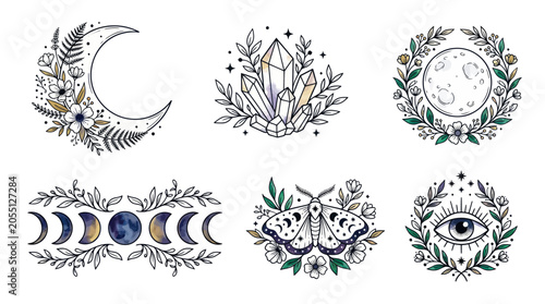 Valokuva Celestial mystical elements with moon phases crystals and moth