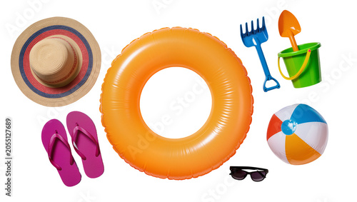 Isolated set of colorful summer beach vacation items for fun and relaxation at the sea