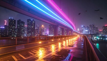 Experience a vibrant cyberpunk future with neon highway trails, flying drones, and glowing skyscrapers. This hightech urban scene captures a sleek, scifi atmosphere for digital projects.