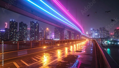 Experience a vibrant cyberpunk future with neon highway trails, flying drones, and glowing skyscrapers. This hightech urban scene captures a sleek, scifi atmosphere for digital projects.